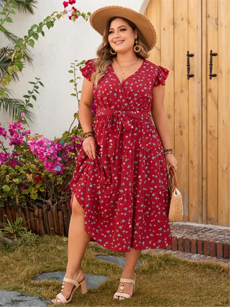 Plus Size Summer V-Neck Midi Dress Women Flower Print Fashion Loose Ladies