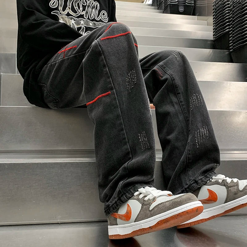 Men Baggy Straight Jeans Hip Hop Streetwear Y2K Vintage Fashion Trousers
