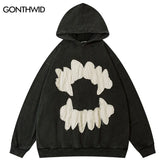 Vintage Mens Hoodie Sweatshirt Y2K Grunge Hip Hop Ripped Embroidery Teeth Patch