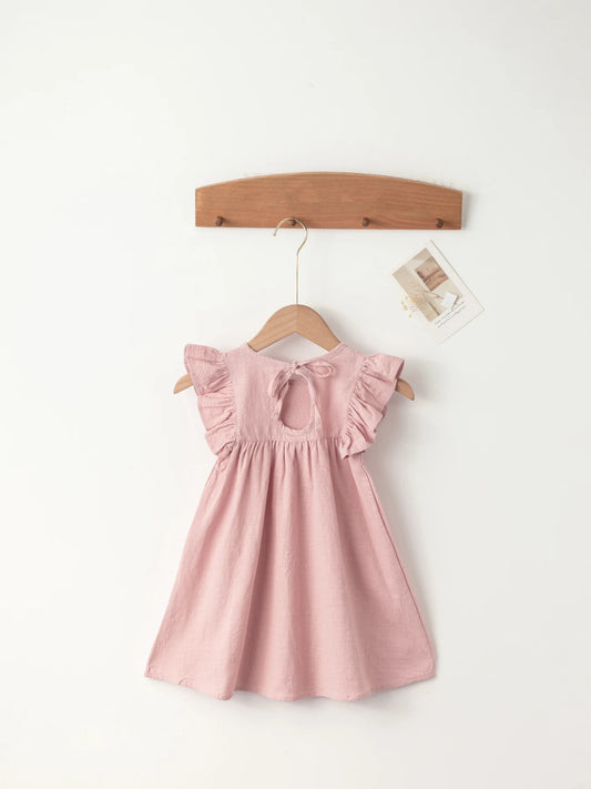 Baby Girls' Flying Sleeve Dress Tie-back Overall Dress Cotton Kids Casual Clothes