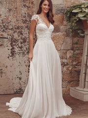 White Bridesmaid Dresses: Wedding Dresses With Cap Sleeve V-Neck Lace