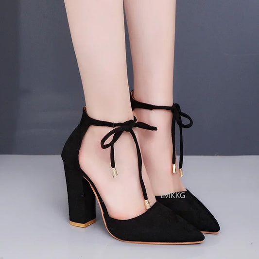 Pointed Toe Ladies Shoes Square High Heels Lace Up Women Pumps