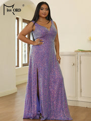 Purple Sequin Plus Size Wedding Dress Elegant Women V Neck