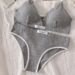 Women Cotton Bra Set Briefs Low Waist Panties Wire Free Bralette Sport Lingerie