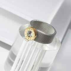 Gold Color Stainless Steel Ring Big Round Crystal Mesh Finger Ring Roman
