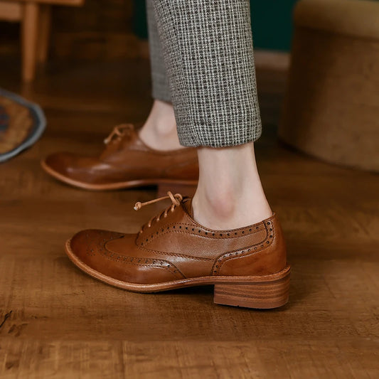 Lace-Up Brogue Shoes for Women Vintage Oxfords Flat Shoes Woman Cowhide Lady