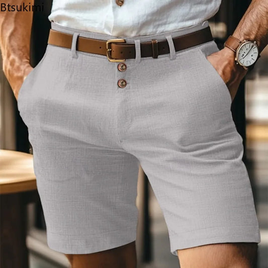 Summer Vintage Cotton Linen Shorts for Men Casual Breathable Solid Color Straight Short Pants Fashion All-match Men Basic Pants