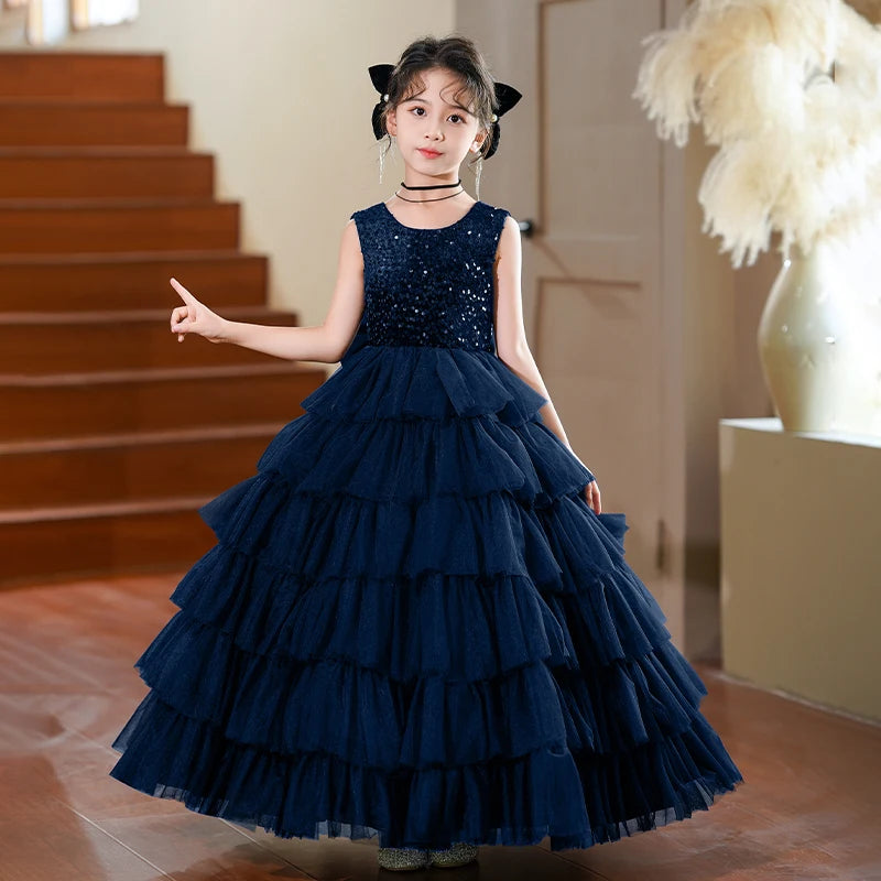 Elegant Girls Dresses Formal Princess Gowns Children Sparkly Sequins Evening Long Dresses For Birthday Party Performance
