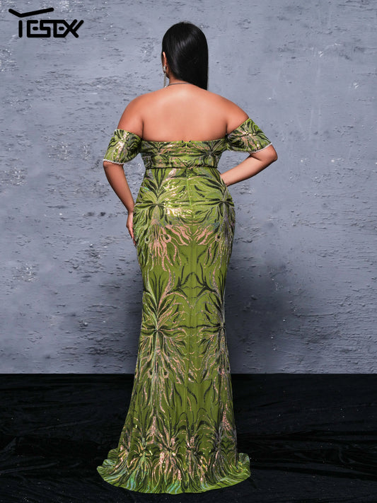 Plus Size Off Shoulder Sequin Mermaid 4XL Large Evening Dress Formal