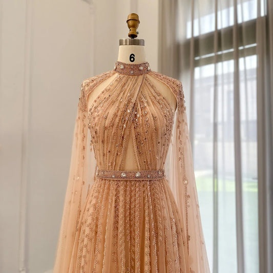Evening Dress with Cape Sleeve Elegant Long Arabic Formal Dresses for Women