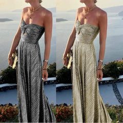 Knot Chest Wrapping Dresses Bronzing Backless Large Hem Maxi Dress