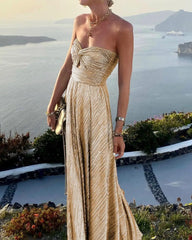 Knot Chest Wrapping Dresses Bronzing Backless Large Hem Maxi Dress