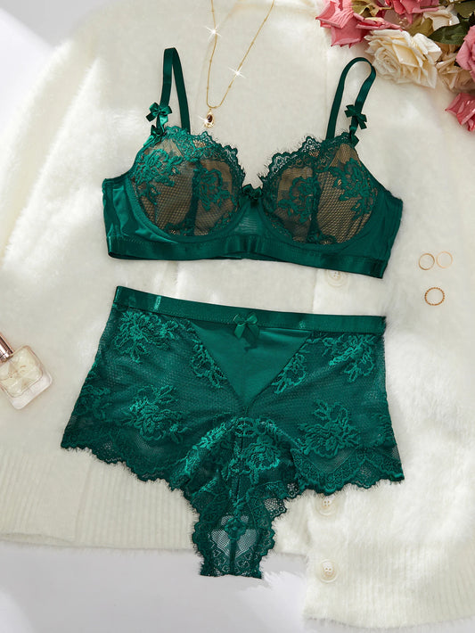 Women's 2pcs Bow Decor Lace Lingerie Set,Contrast Lace Bra & Hi waist boyshort