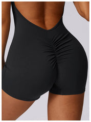 Women Fitness Jumpsuit Running Workout One Piece Yoga Suit Scrunch Butt Shorts