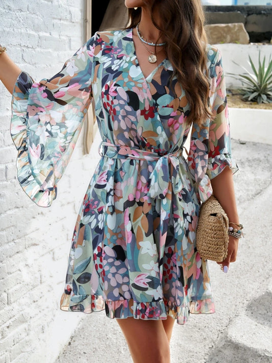 Floral Print Loose Summer Dress Ladies Elegant V-neck Ruffles Mini Dress Causal