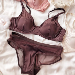 Women Ice Silk Comfort Underwear Small Breast Push Up Bra Set Detachable