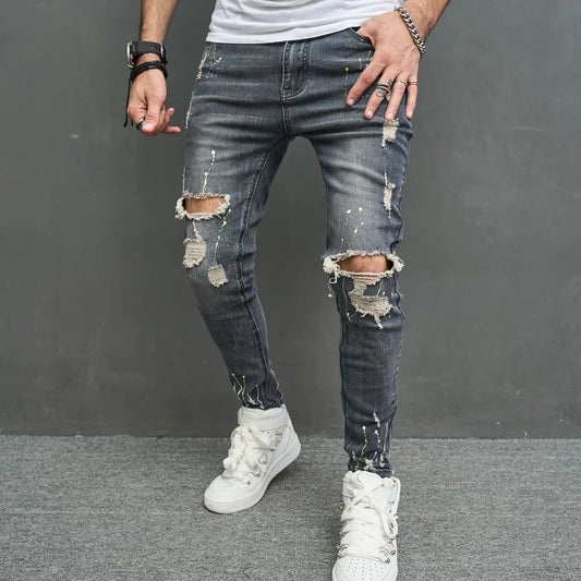 Men Stylish Ripped Skinny Pencil Jeans Pants Streetwear Male Hip Hop Holes