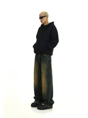 Plus Size Green Wash Baggy Jeans Men Adjust-waist Wide Leg