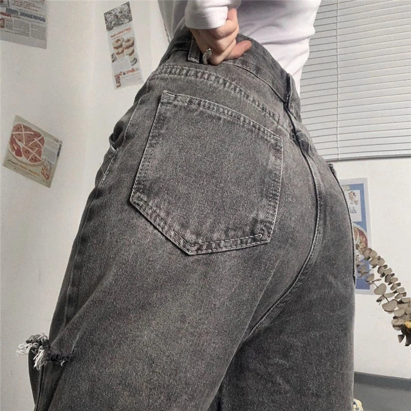 Vintage Streetwear Dark Gray Jeans Women Y2K High Waist Ripped Denim Trousers