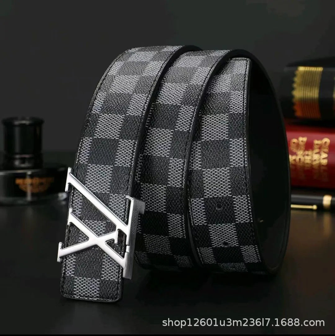 Light Luxury Premium Mens Leather Belt Check Pattern Genuine Pure Cowhide Casual Business Trendy Waist Belt