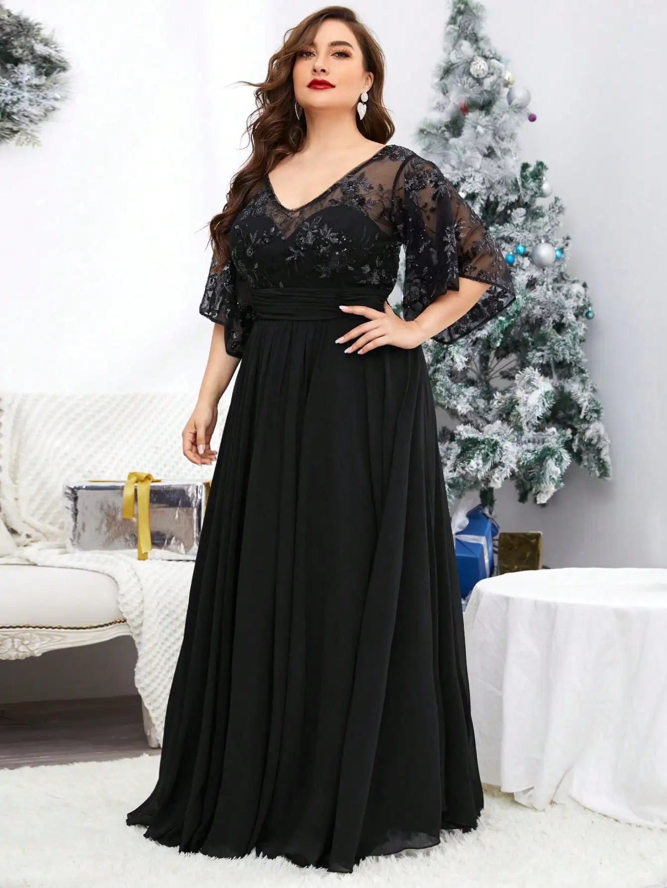 Mgiacy plus sizeV-neck sequin embroidered See-through large trumpet sleeve patchwork