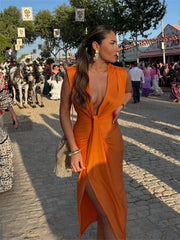 Evening wear Dresses: Women Slim Sleeveless Midi Dress Deep V Neck High