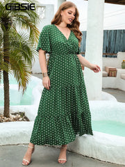 Plus Size Polka Dot V-Neck Butterfly Sleeve Dress Women Summer