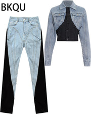 Elastic Skinny Pencil Jeans Women Y2K High Waisted Contract Color