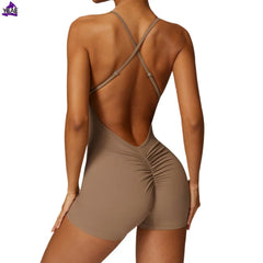 Women Fitness Jumpsuit Running Workout One Piece Yoga Suit Scrunch Butt Shorts