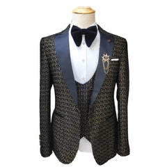 Black and White Men's Suit 3-piece Gold Palace Print Road Wedding Costume