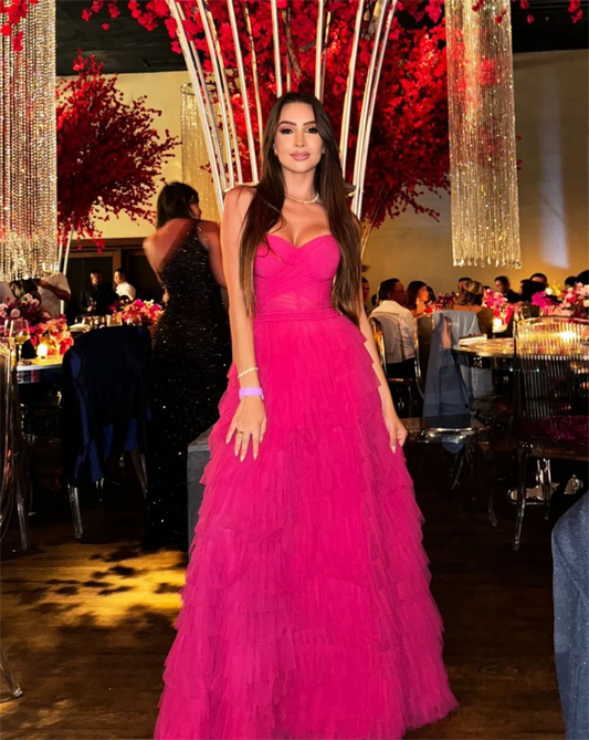 Homecoming Dresses: Pink Prom Dresses Strapless Handmade Tulle Evening Dresses