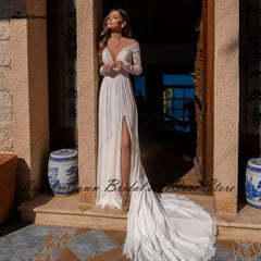 White Bridesmaid Dresses: Wedding Dress Lace Long Sleeve Bridal Dress Open Back