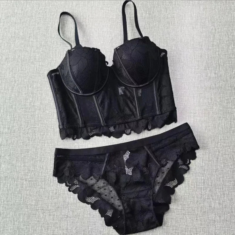 French Lace Embroidery Long Push Up Bra Set Women Underwear Fish Bone