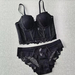 French Lace Embroidery Long Push Up Bra Set Women Underwear Fish Bone