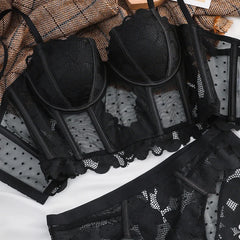 French Lace Embroidery Long Push Up Bra Set Women Underwear Fish Bone