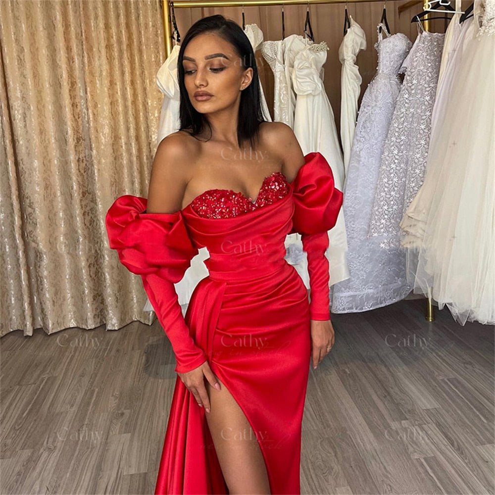 Evening wear Dresses: Red Evening Dress Puffy Sleeve Mermaid Prom Dresses