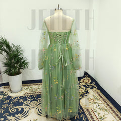 Homecoming Dresses: Mint Green Embroidered Lace Tulle Pastoral Prom Dress Puff