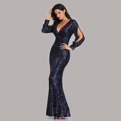 V-neck Mermaid Evening Dress Long Formal Prom Party Gown Full Sequins