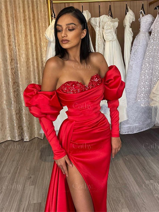 Evening wear Dresses: Red Evening Dress Puffy Sleeve Mermaid Prom Dresses