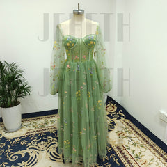 Homecoming Dresses: Mint Green Embroidered Lace Tulle Pastoral Prom Dress Puff