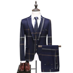 Tuxedo for Mens: Men's Wedding Plaid Blue Gray Blazers Jacket Pants Vest 3 Pcs Set