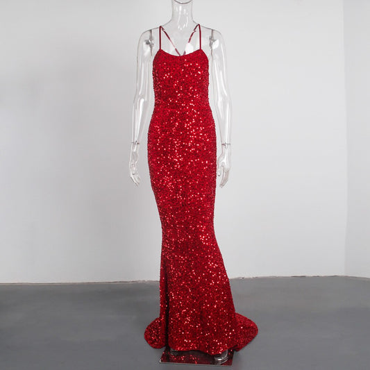 Homecoming Dresses: Backless Cross Sequin Mermaid Prom Gown Stretch Velvet Slip