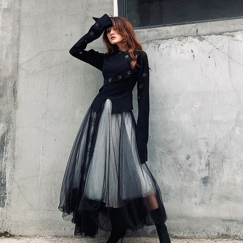 Long Luxury Soft Tulle Skirt Lace stitching Gothic White Black Pleated Tutu Skirts