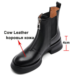 Women Genuine Leather Ankle Chelsea Boots Platform Thick Mid Heel