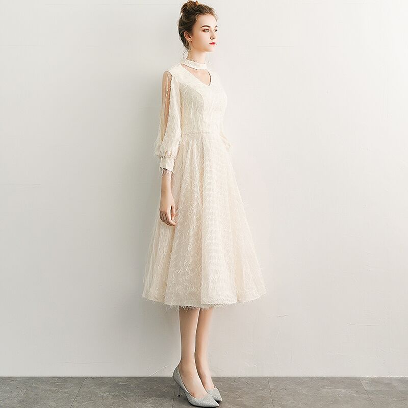 Homecoming Dresses: Champagne Long Evening Dresses V-Neck A-Line Lace Prom