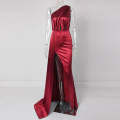 Evening Dresses: Night Dress Burgundy Stretch Satin One Shoulder