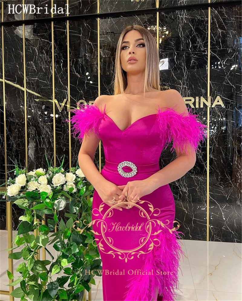 Homecoming Dresses: Prom Dresses With Feathers Tea Length Sheath Off The Shoulder