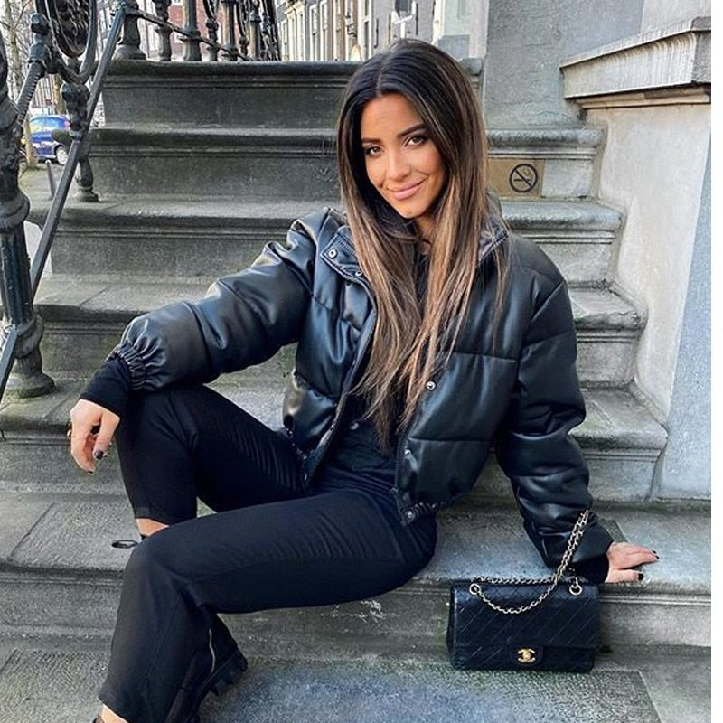 Winter Women Jacket Thick Warm Short Parka Black Pu Leather Coats Woman
