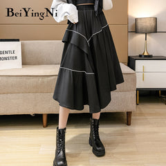 Korean Style Midi Skirt Women Fashion Casual Retro Black Pleated Skirts