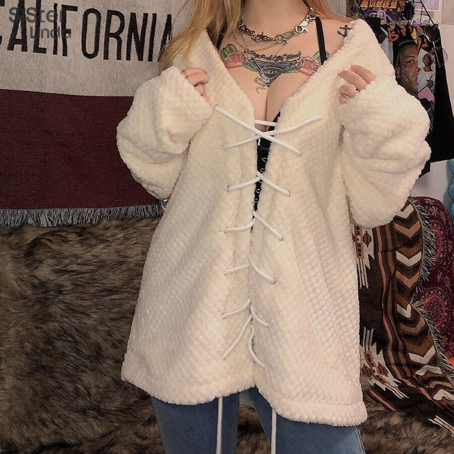 Letter Print Warm Coats Women Jacket V-Neck Criss Cross